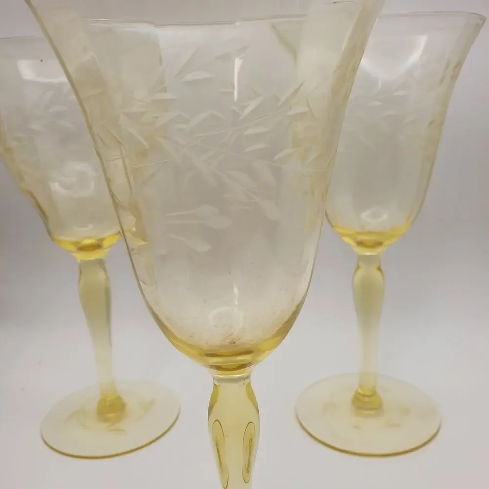 3 Elegant Tiffin-Franciscan Etched Wine Glasses Mandarin Yellow Topaz Gold